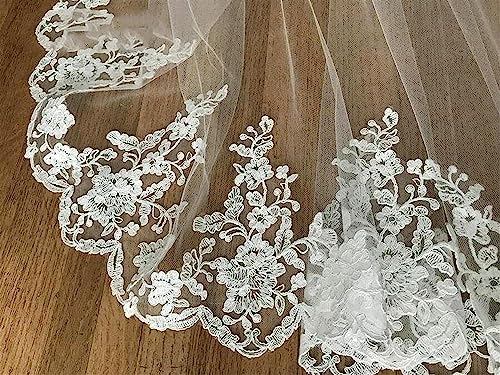 White Ivory Wedding Veil 3m with Comb Lace Cathedral Veil Ribbon E821