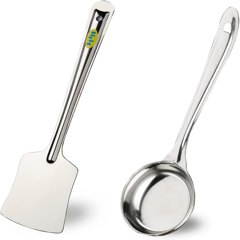 Stainless Steel Dosa Making Spoon Ladle with Flat Base and Turner Set of 2 Z76450