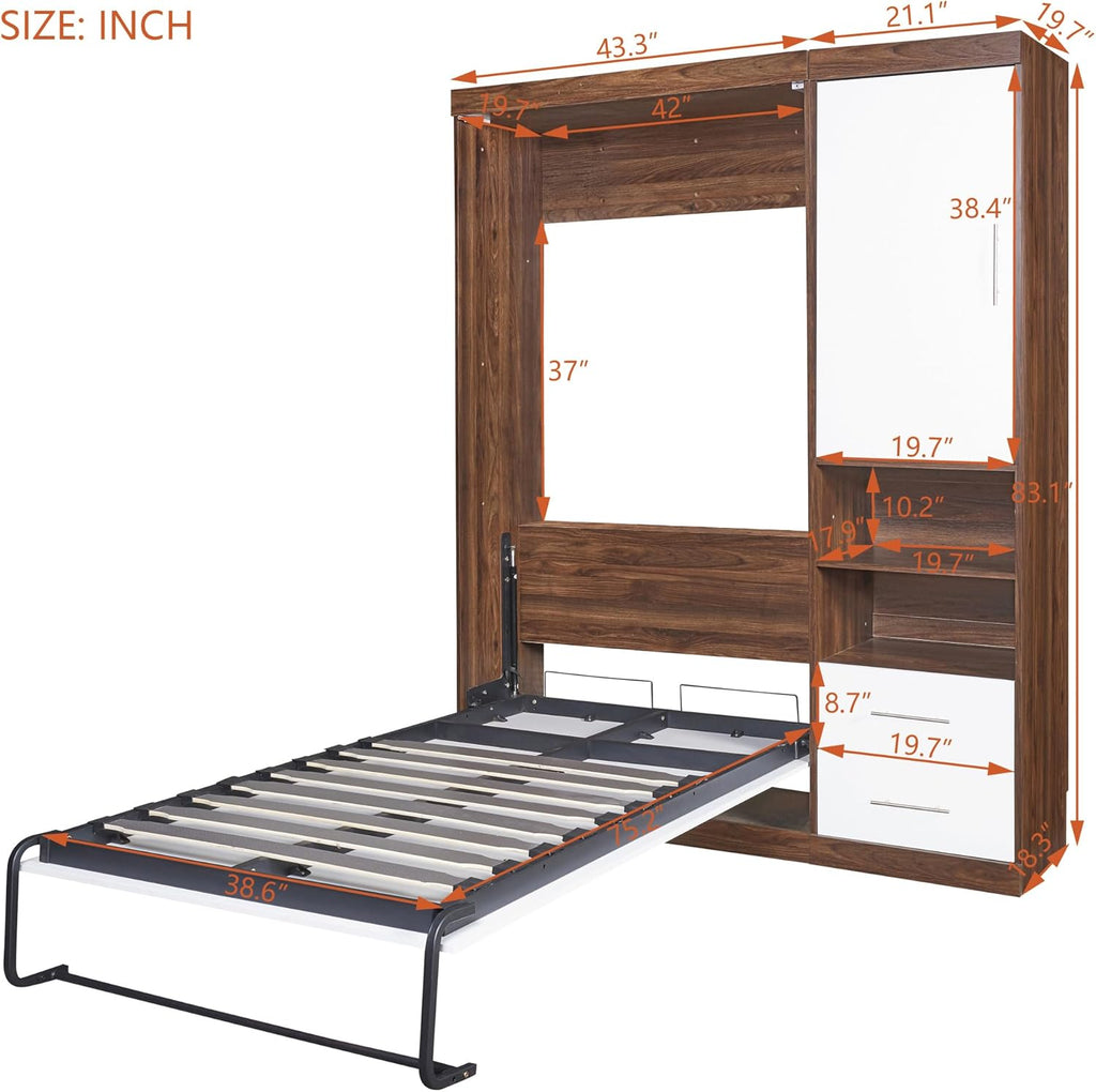 Twin Murphy Bed with Storage Drawers, White Wood G5986
