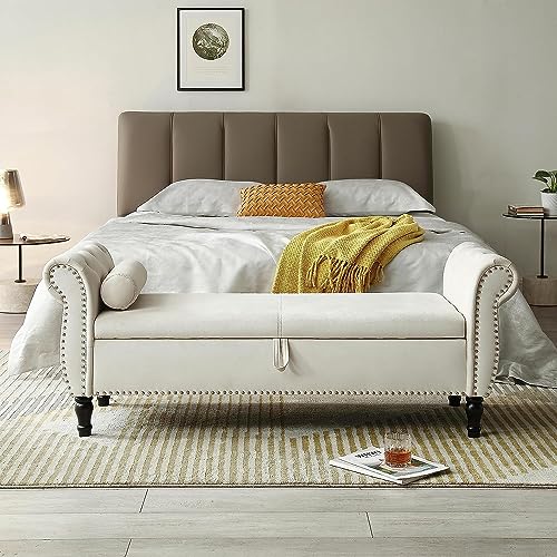 Grey Button Tufted Velvet Upholstered Storage Bench Ottoman with Pillow R441408