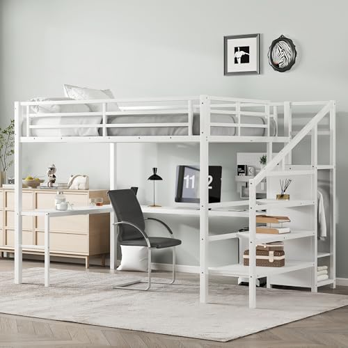 Queen Size Metal Loft Bed with LED Lights & USB Ports, White N999042