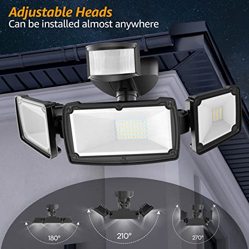 38W 4200LM 6000K IP65 Waterproof 3 Head LED Motion Sensor Flood Lights Black J9896