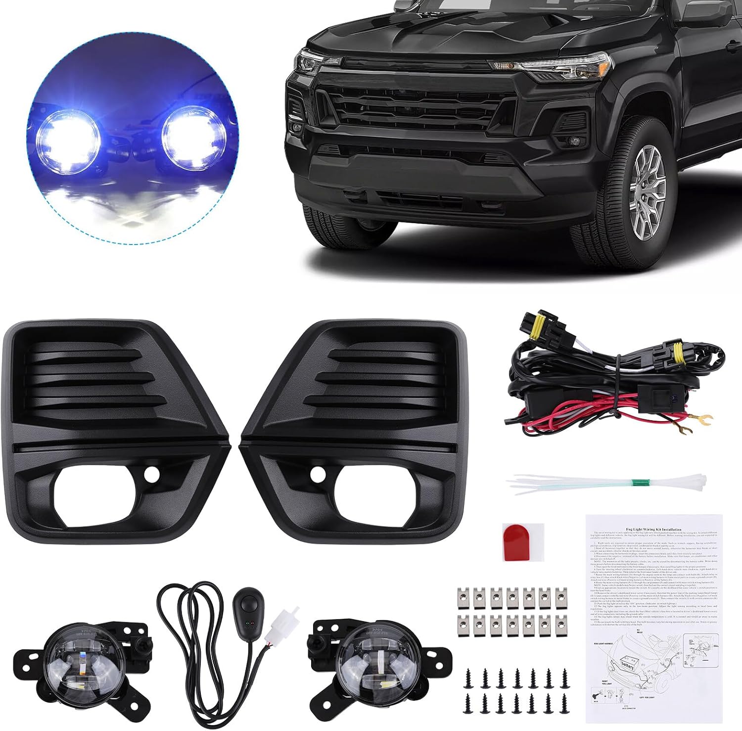 Pair Front Bumper LED Fog Light with Fog Light Cover and Wire Harness Compatible with 2023 2024 Chevy Colorado Fog Lamp Driving Fog Light Lamp (Clear Lens) with Fog Light Bezel, Switch, Wires B628