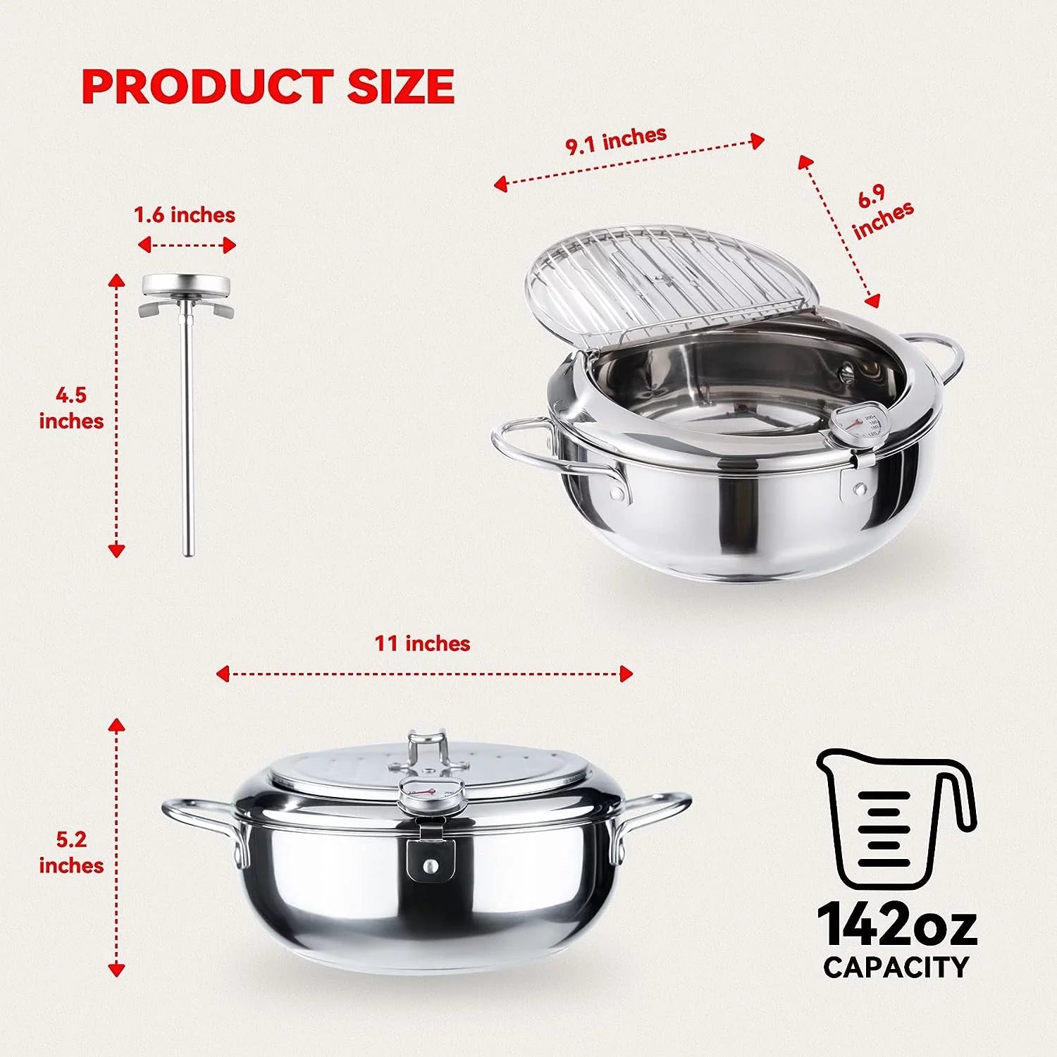 11 Inch 4.2 L 304 Stainless Steel Deep Fryer Pot with Lid B344