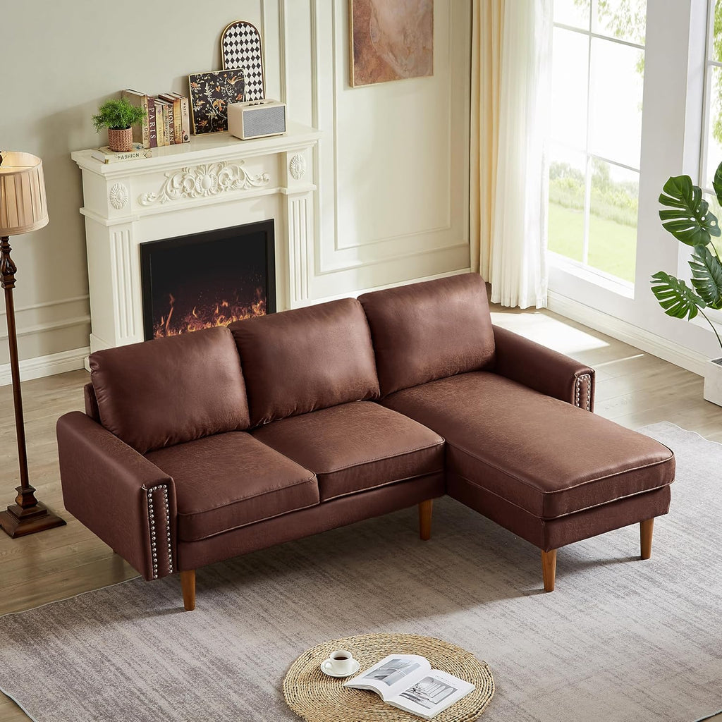 Mid Century Suede Leather Sofa with Right Chaise Lounge, 3 Seater L-Shaped Couch M2783