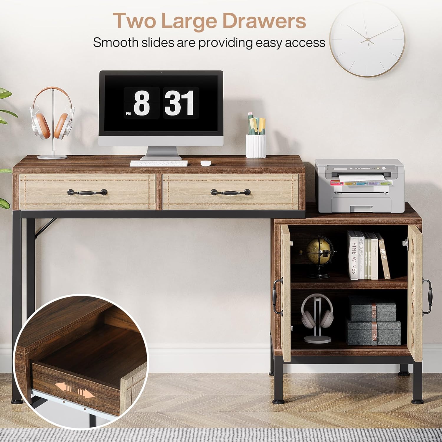 55-Inch Computer Desk with Drawers and Storage Cabinet, Brown O6477