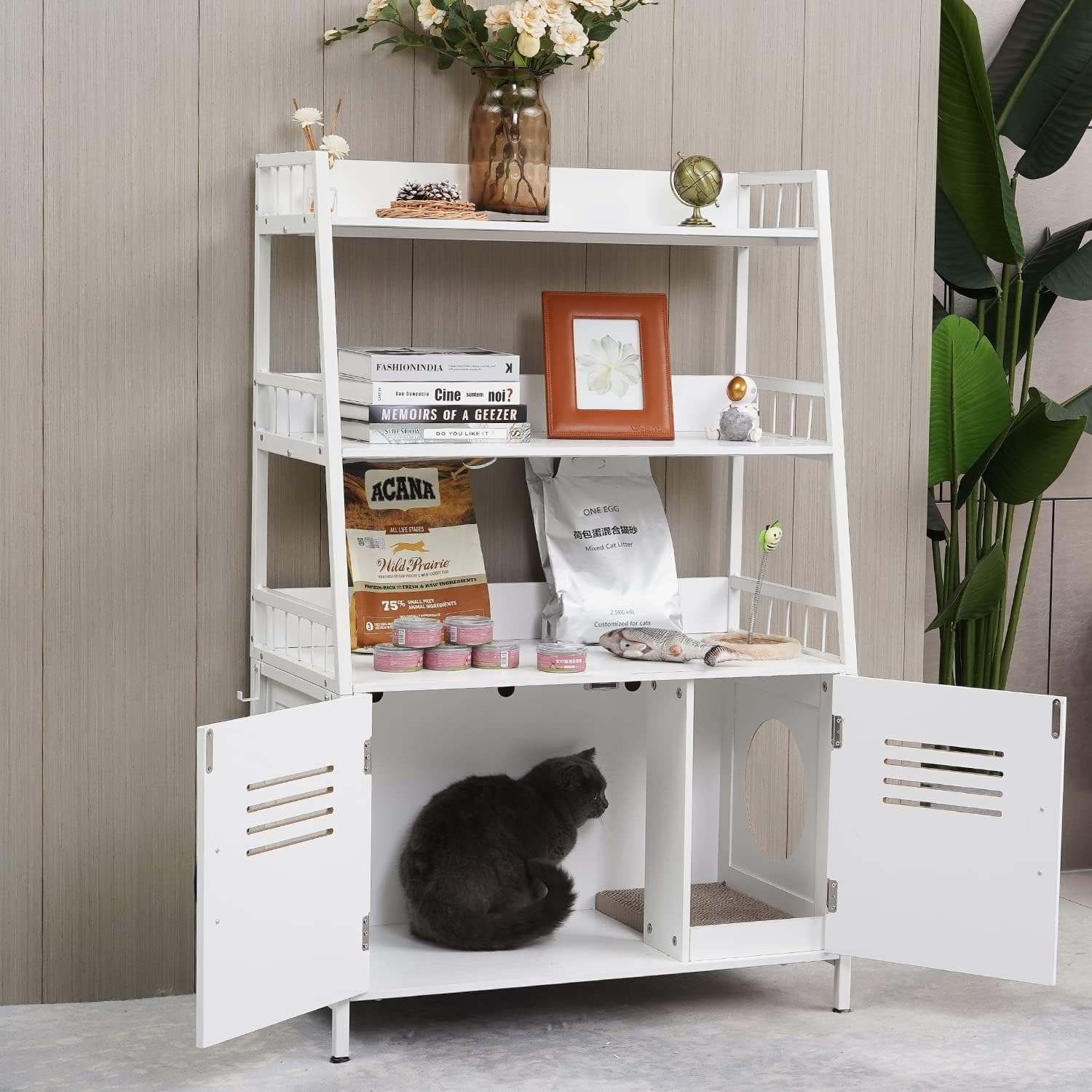 White Wooden Cat Litter Box Enclosure with 2 Doors B37425