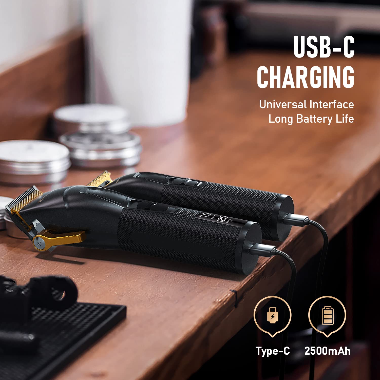USB-C Rechargeable Cordless Hair Clippers with T-Blade Trimmer, Black I753