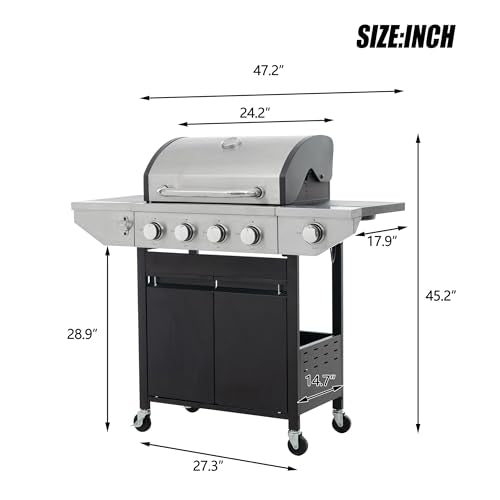 4 Burner Gas Grill with Side Burner, Stainless Steel Propane BBQ Grill with Built in Thermometer E2360