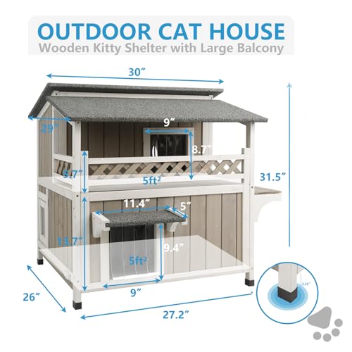 Two Story Wooden Cat House with Balcony Waterproof F771
