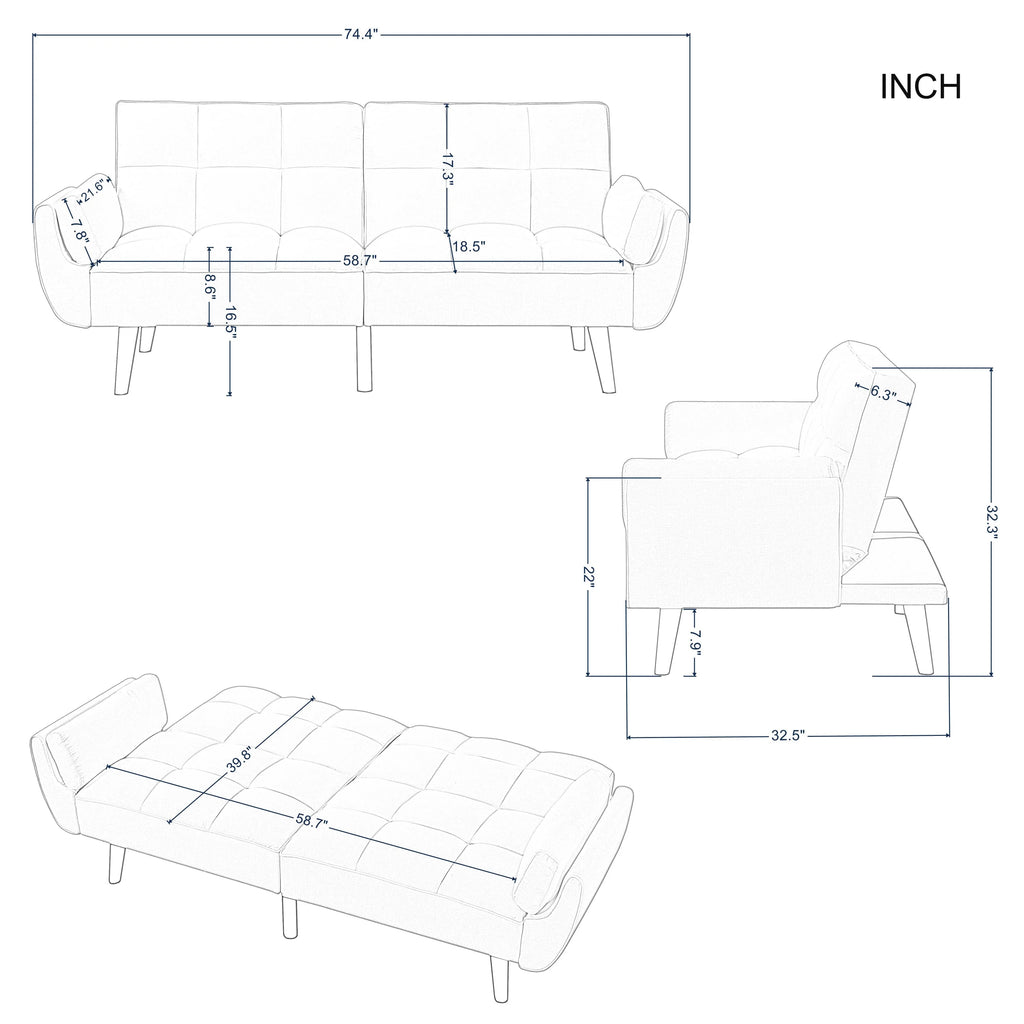 76" Futon Sofa Bed, Upholstered with Polyester, Wood Frame, Dark Gray C633521