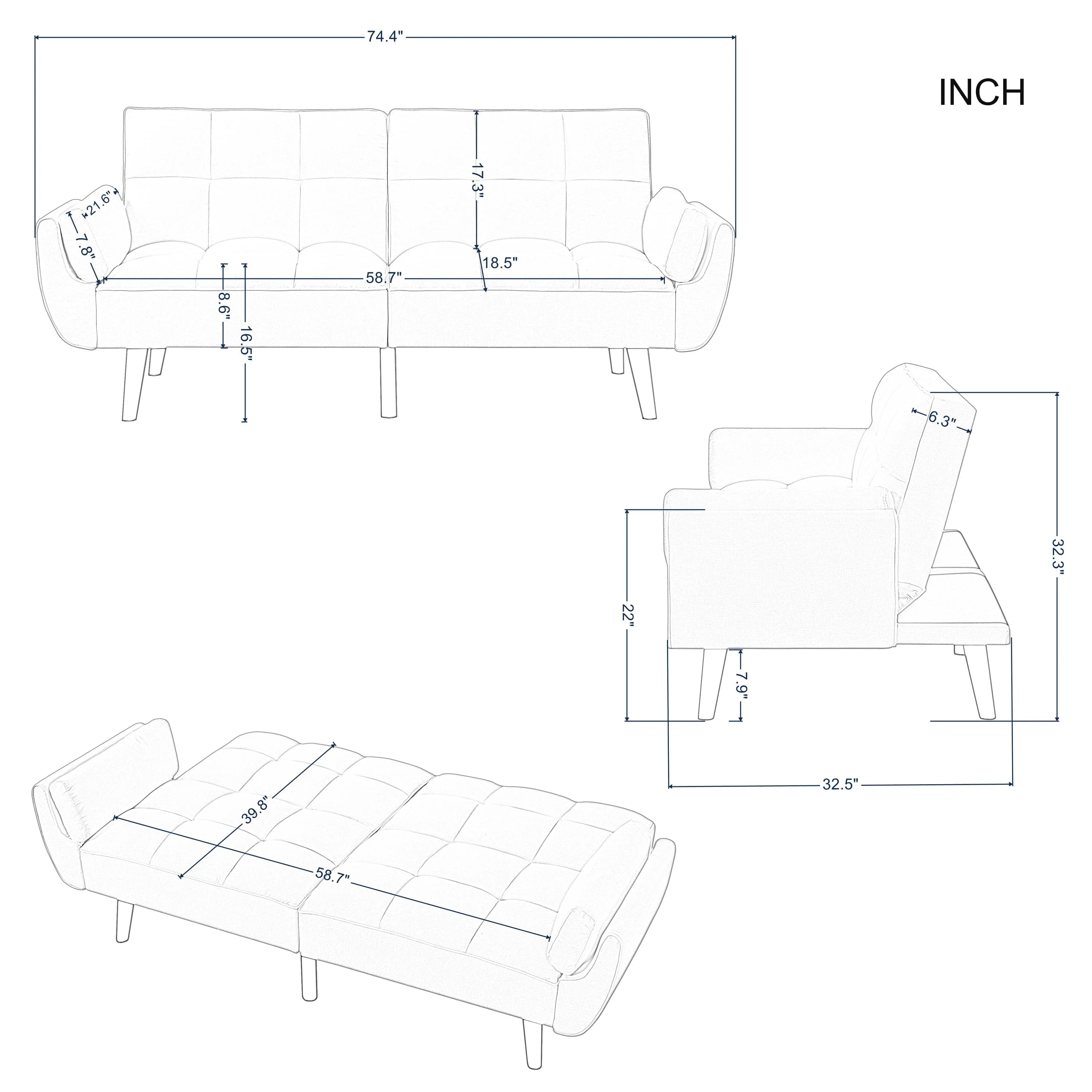 76" Futon Sofa Bed, Upholstered with Polyester, Wood Frame, Dark Gray C633521