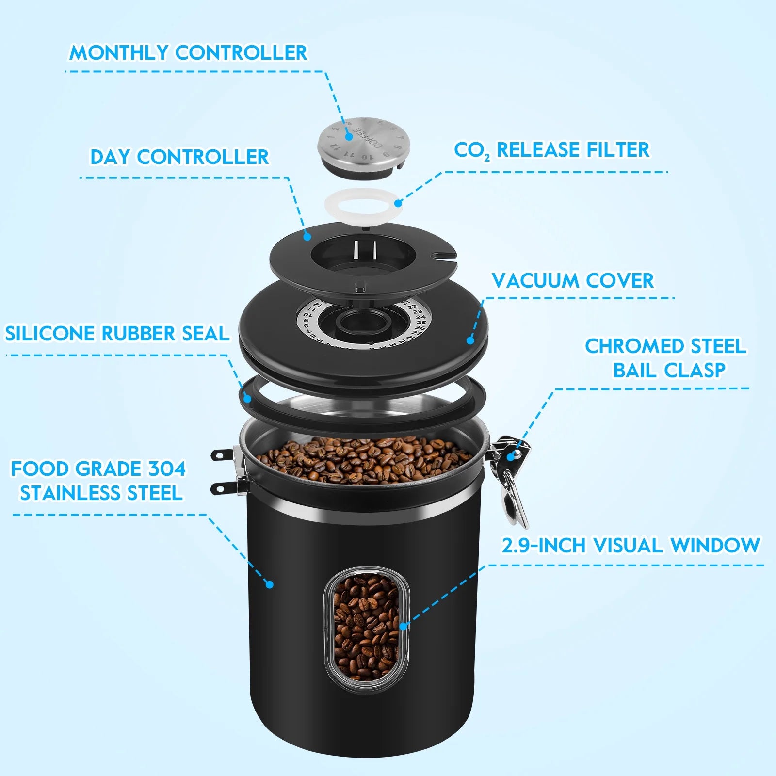 60oz 304 Stainless Steel Airtight Coffee Canister Black O4983
