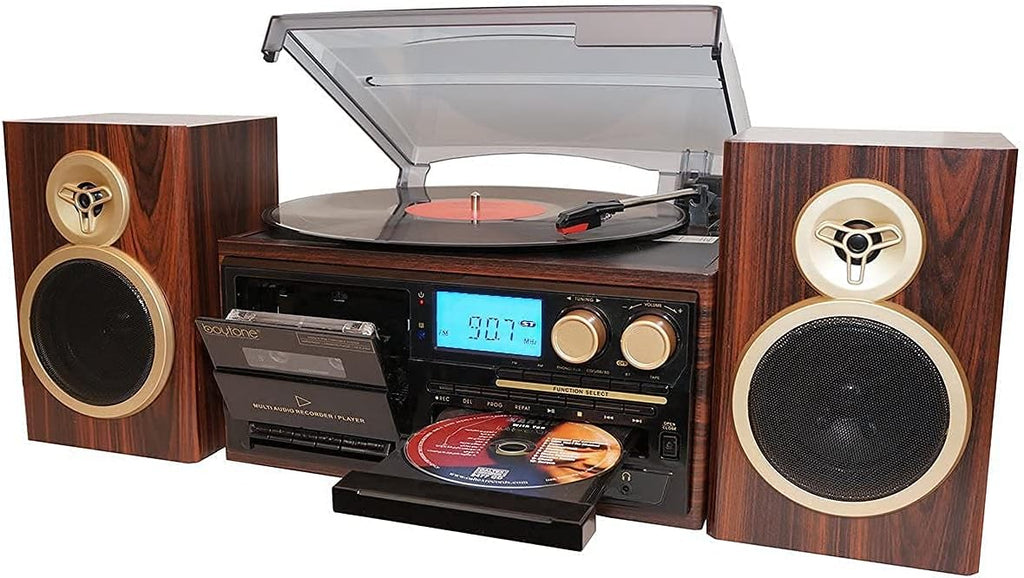 Bluetooth Record Player Turntable with AM/FM Radio, CD / Cassette Player, 2 Separate Stereo Speakers Y65822