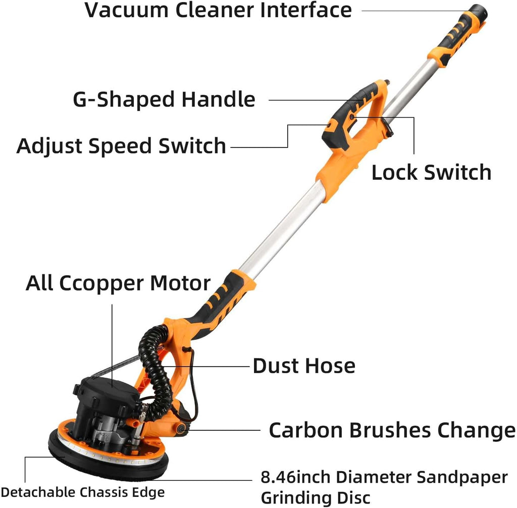 1390W Electric Drywall Sander with Vacuum, 13ft Cord, Auto Dust Collection T6487