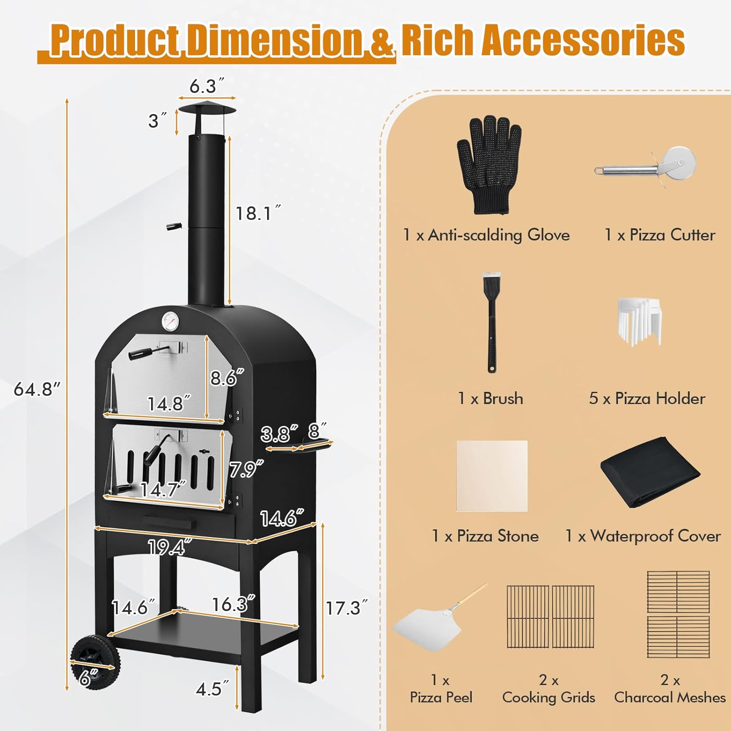 Outdoor Pizza Oven with 12" Pizza Stone, Pizza Peel, Waterproof Cover R95567