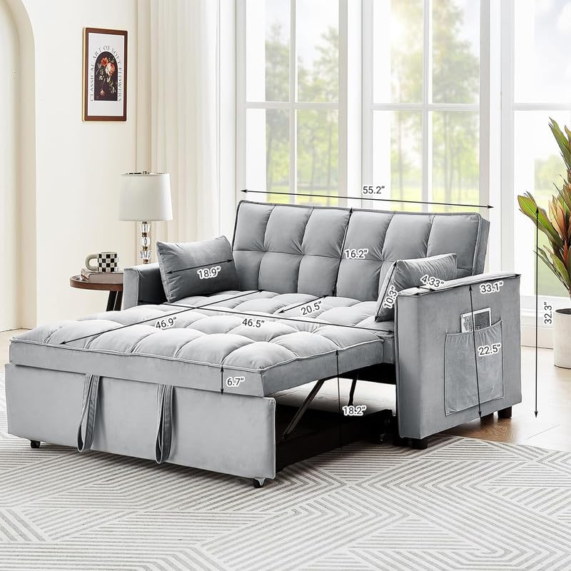 Beige Velvet Convertible Sleeper Sofa Bed with Pull Out Bed F662424