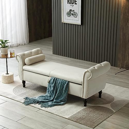 Grey Button Tufted Velvet Upholstered Storage Bench Ottoman with Pillow R441408