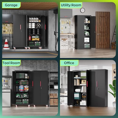 Metal Garage Storage Cabinet with 5 Adjustable Shelves, Lockable Heavy Duty Steel Cabinet with Wheels R1822