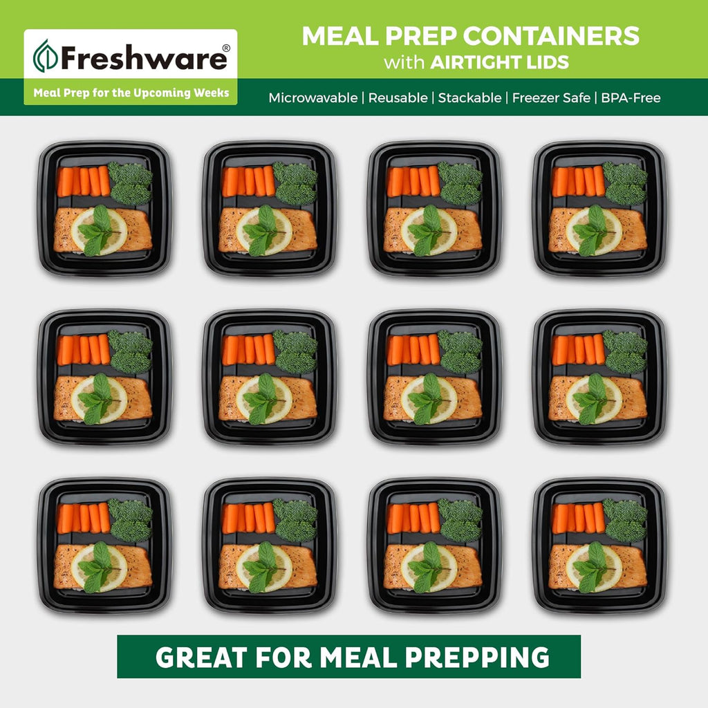 20 Count 3 Compartment BPA Free Food Containers with Lids X97472