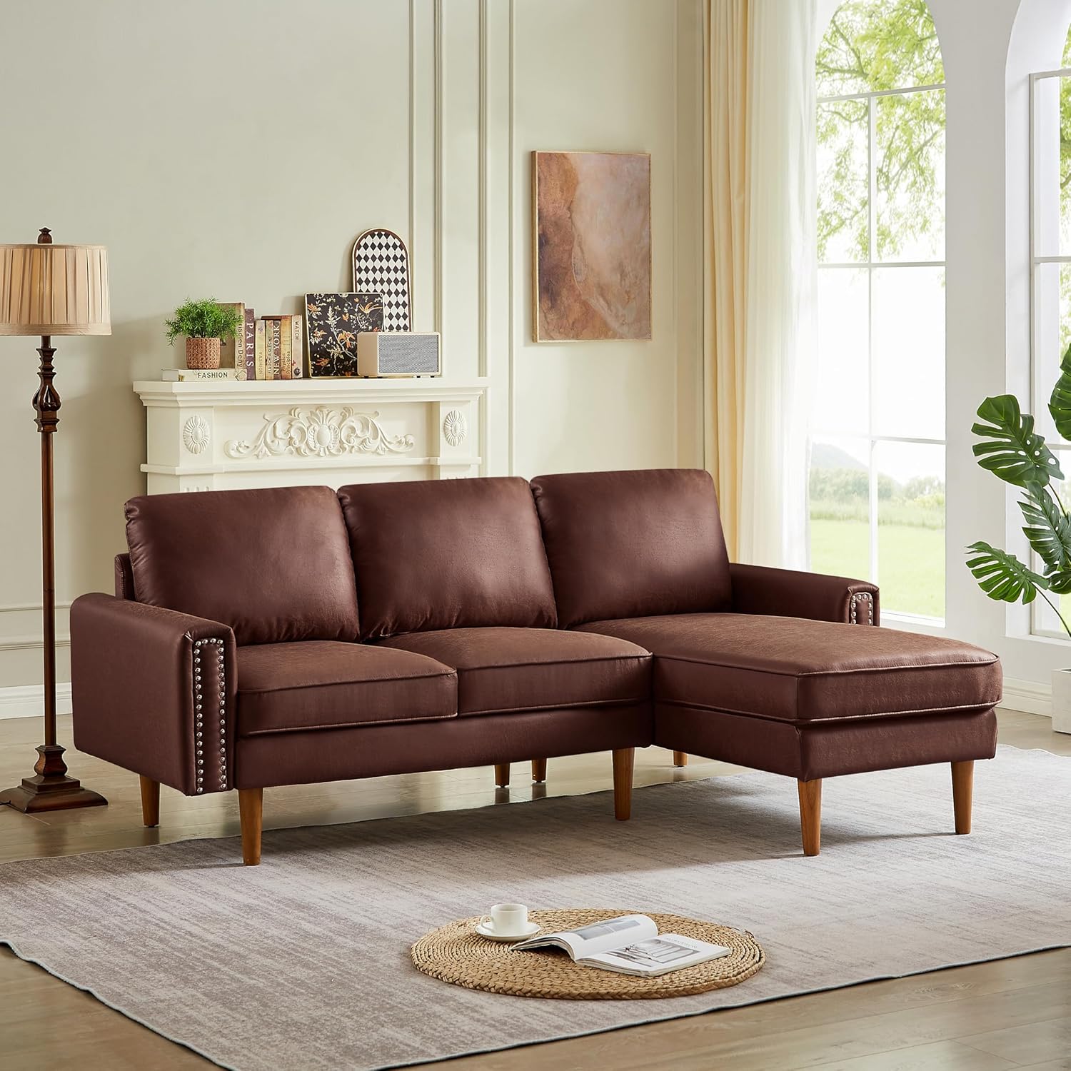 Mid Century Suede Leather Sofa with Right Chaise Lounge, 3 Seater L-Shaped Couch M2783