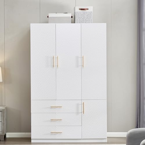 White 4 Doors 3 Drawers Wooden Closet Cabinet Wardrobe Armoire B133