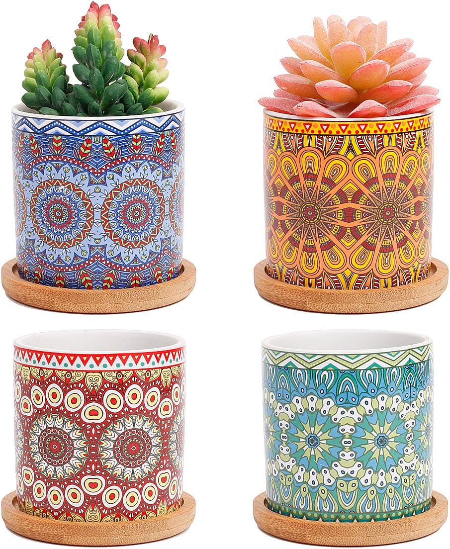 4 pcs 3.0 inches Ceramic Succulent Planters with Bamboo Trays X822