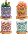 4 pcs 3.0 inches Ceramic Succulent Planters with Bamboo Trays X822