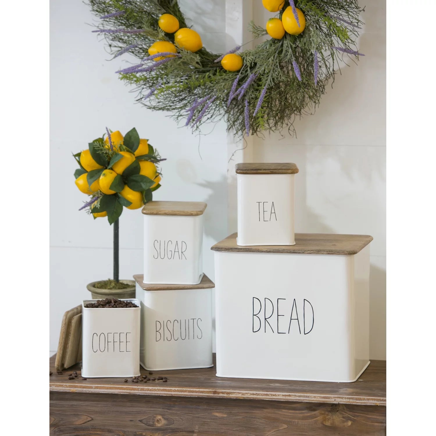 White 5 Piece Kitchen Canisters with Wooden Top Set Y864