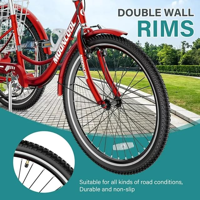 Adult Tricycles 7 Speed 20/24/26 Inch Three Wheel Bike Cruiser Trike with Low-Step Through Frame Large Basket G943595