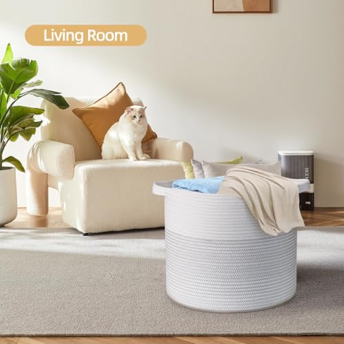 White & Grey Cotton Rope Storage Basket with Handles O155425