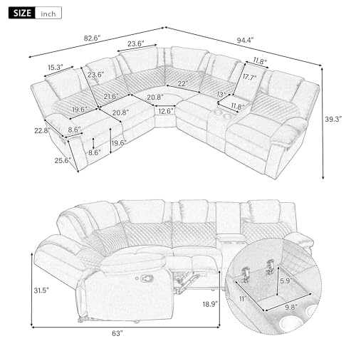 94'' L-Shaped Velvet Reclining Sectional Couch with LED Light and Storage Box L1106