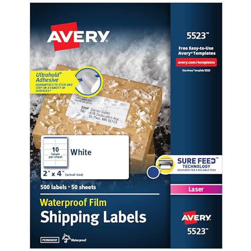 Waterproof Printable Shipping Labels, 2" x 4", White, 100 Blank Mailing Labels D6077