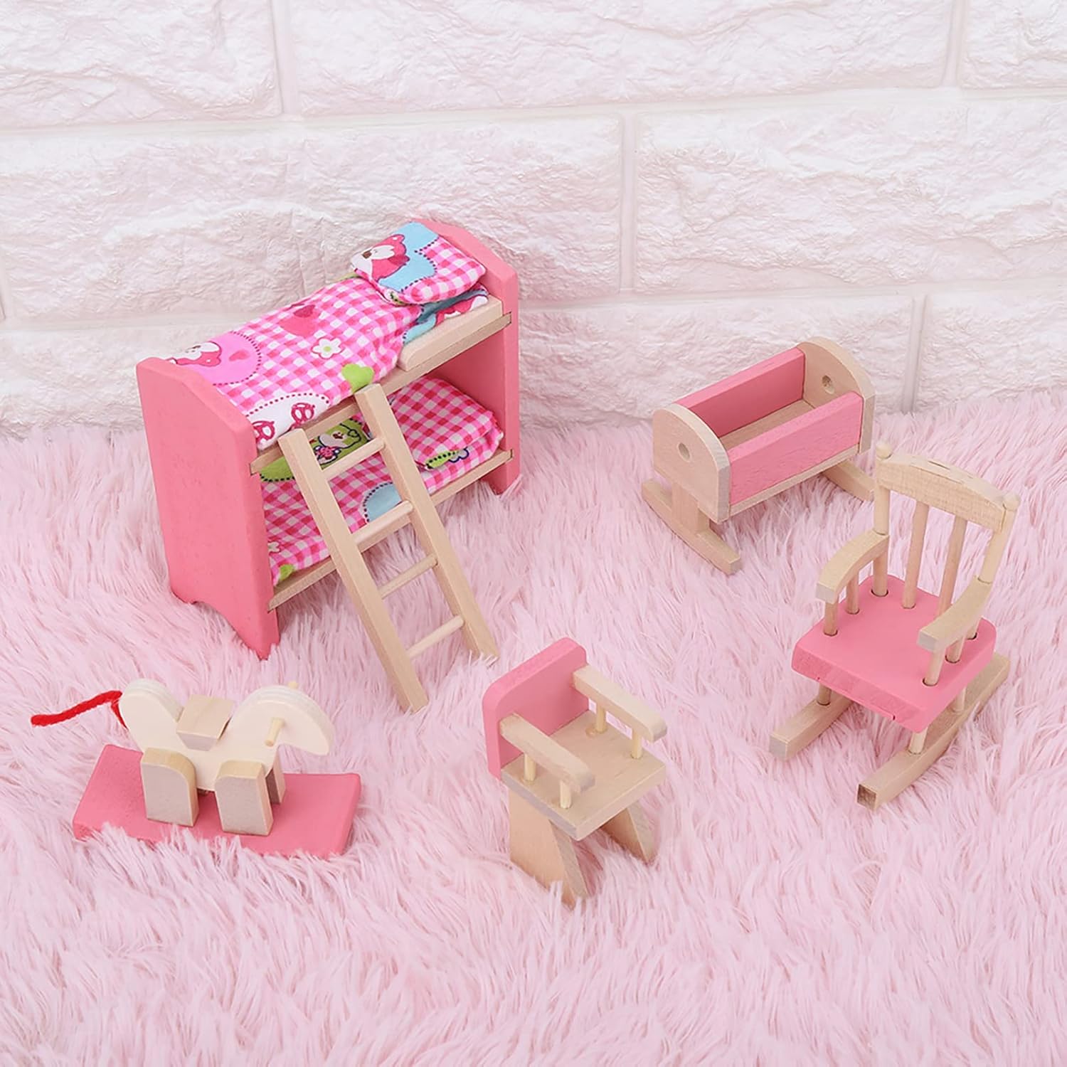 6 Different Rooms Wooden Dollhouse Furniture with Cushion and Towel F8091
