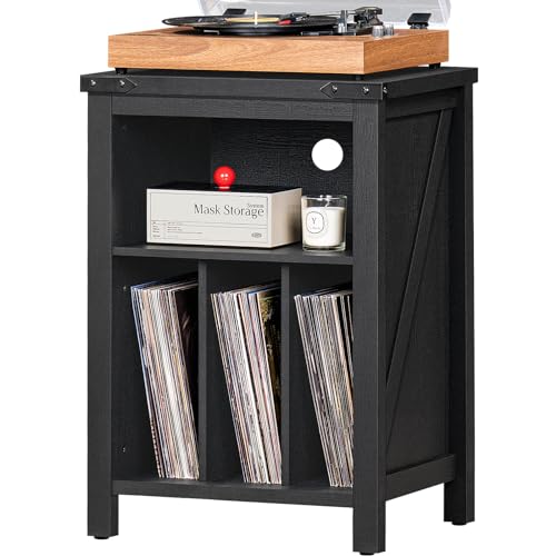 Rustic Brown Wood Record Player Stand with Vinyl Record Storage W79910
