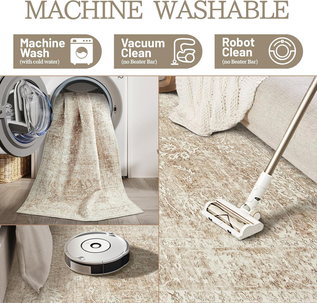 Beige/Brown 5x7 Non Slip Washable Area Rug H8951