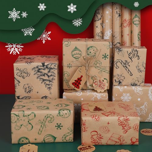 5 Rolls 17" x 120" Vintage Kraft Christmas Wrapping Paper Set B322