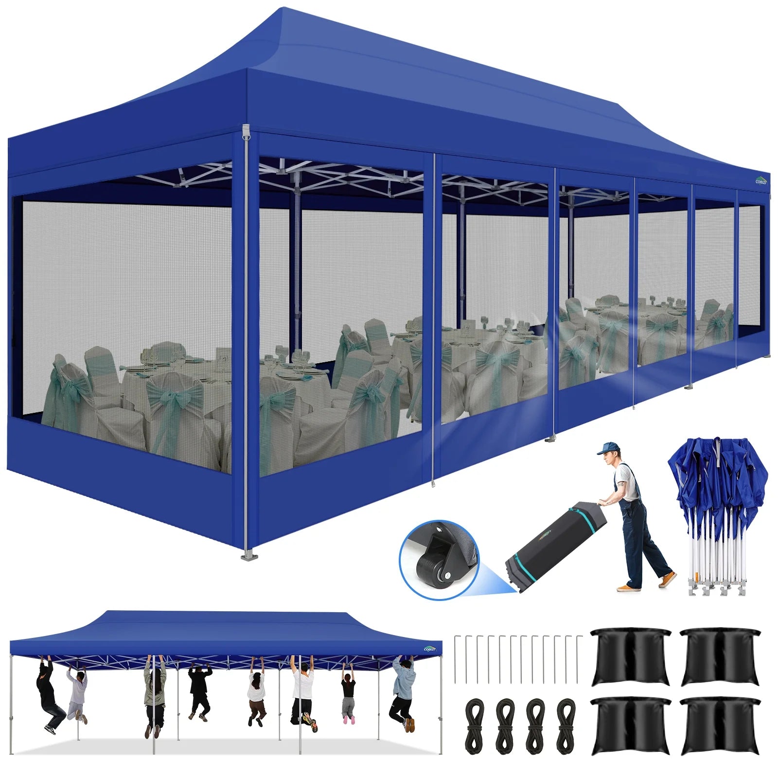 Dark Blue 10x30 Heavy Duty Pop Up Canopy with Netting Screened B704