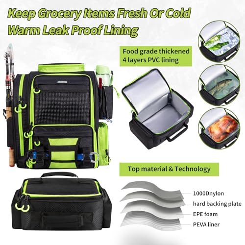 Large Fishing Backpack with Cooler for Tackle Boxes with Rod Holders U113