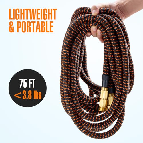 75 ft Expandable Garden Hose with 10 Pattern Spray Nozzle, 3/4 Solid Brass Connectors, Retractable Latex Core V232