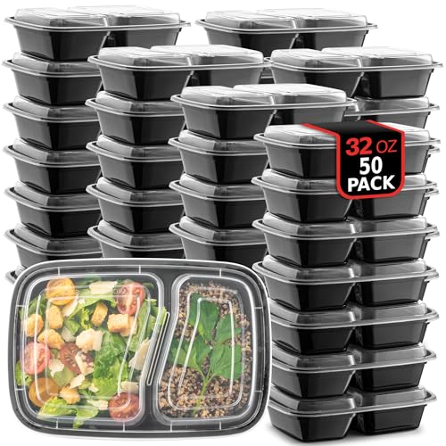 50-Pack 32 oz 2 Compartment Reusable BPA Free Plastic Food Storage Containers with Lids R92384