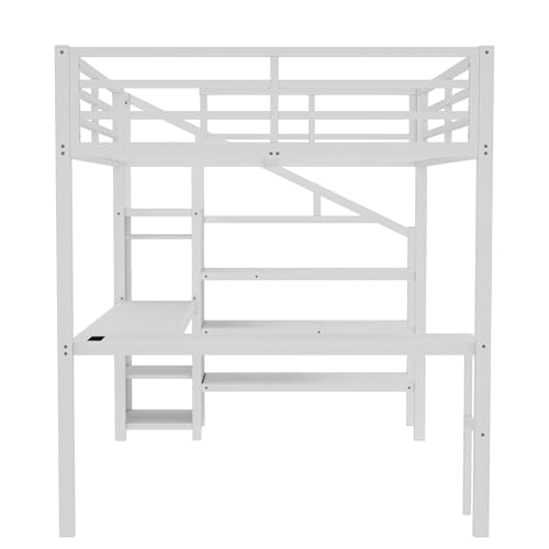 Queen Size Metal Loft Bed with LED Lights & USB Ports, White N999042