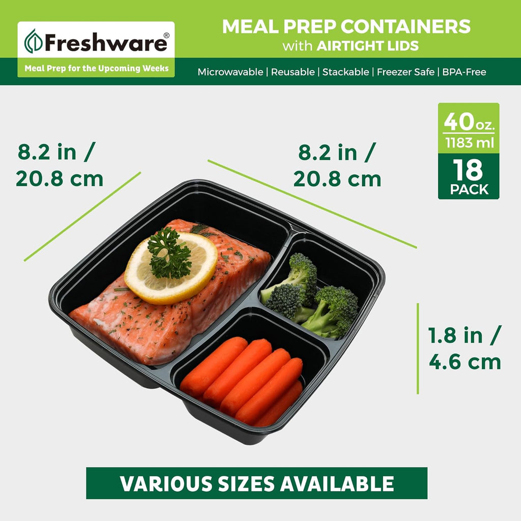 20 Count 3 Compartment BPA Free Food Containers with Lids X97472
