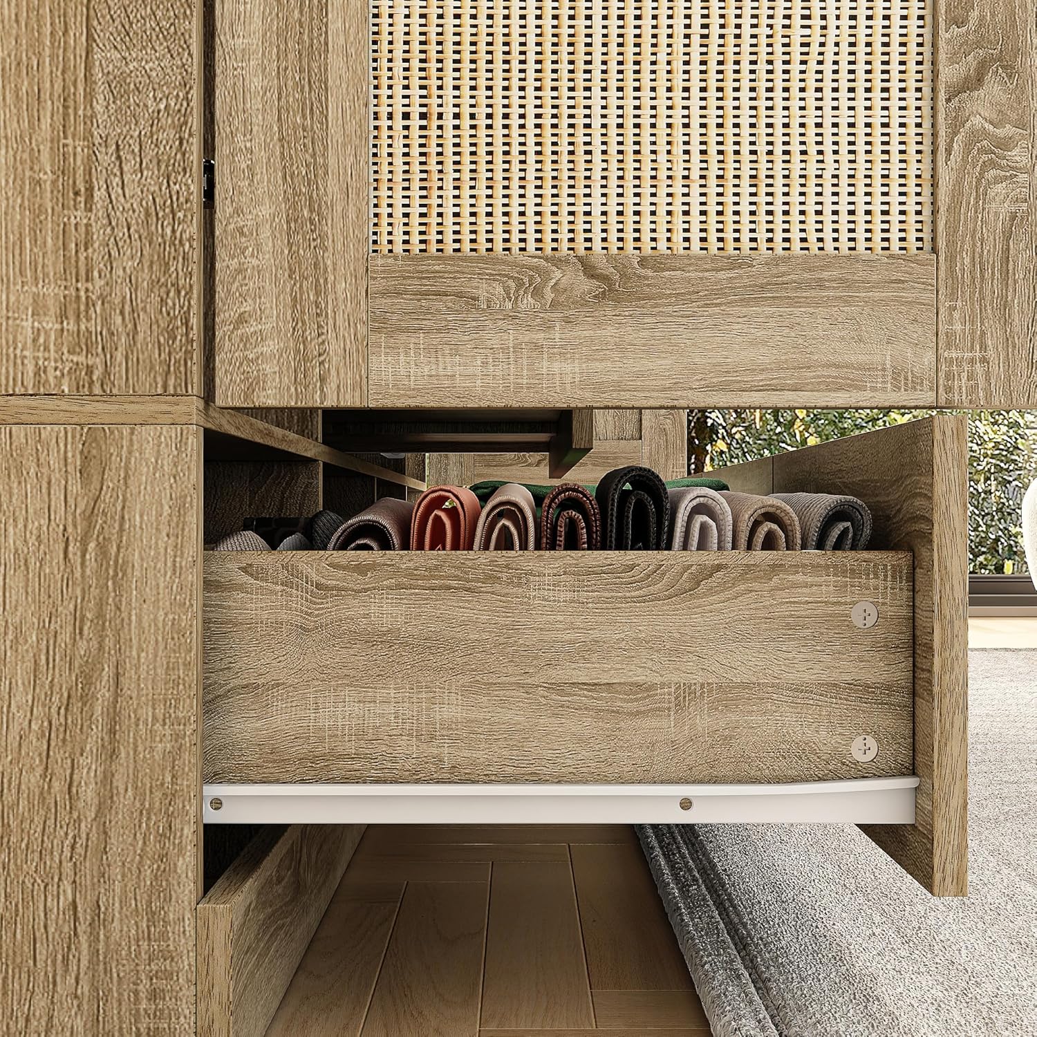 Light Brown 8 Door Wardrobe Armoire with Rattan Doors, 5 Drawers, 2 Hanging Bars R192