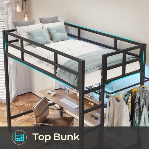 White Metal Twin Loft Bed with Ladder and Guardrail V1971