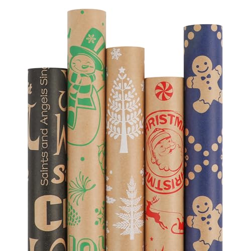 5 Rolls 17" x 120" Vintage Kraft Christmas Wrapping Paper Set B322