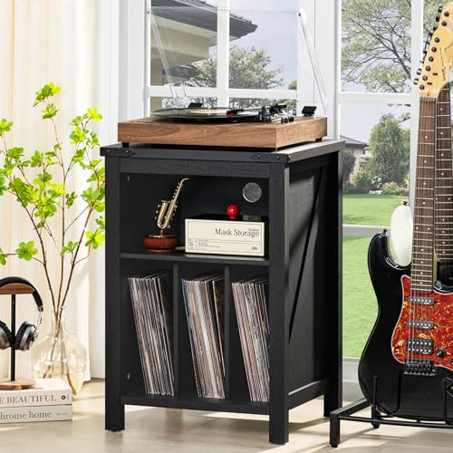 Rustic Brown Wood Record Player Stand with Vinyl Record Storage W79910
