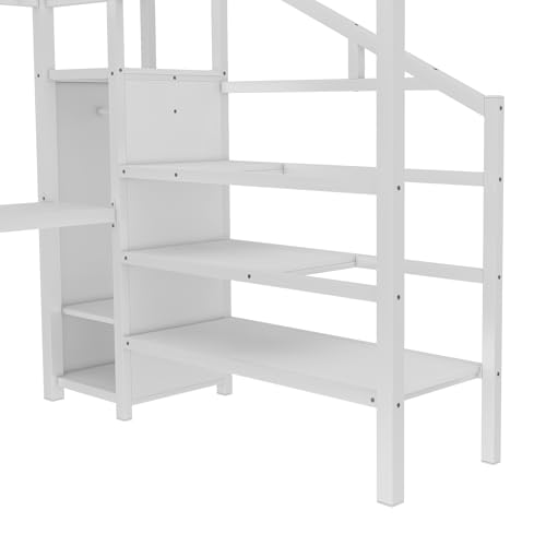 Queen Size Metal Loft Bed with LED Lights & USB Ports, White N999042