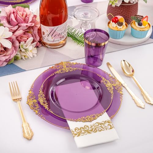 350PCS Clear Gold Plastic Plates Dinnerware Sets O670