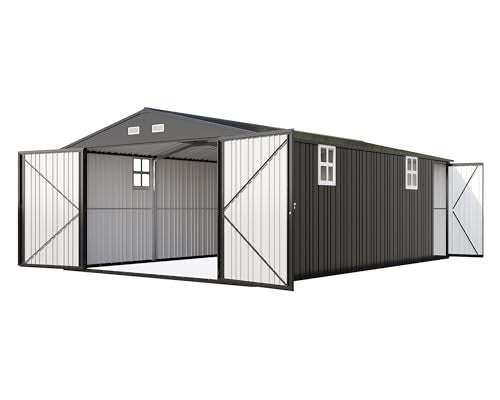 13.2x21x8 FT Outdoor Metal Garage Shed with Double Hinged Doors and 4 Windows U37043